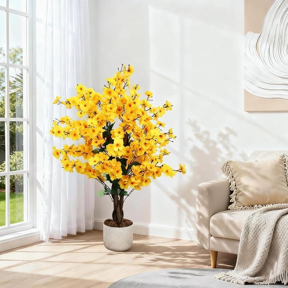 Senfot 90cm Single Yellow Artificial Wintersweet Plum Blossom Tree Polyester Fabric Realistic Fake Flower Potted Plant Tabletop Floor Indoor Home Ornament