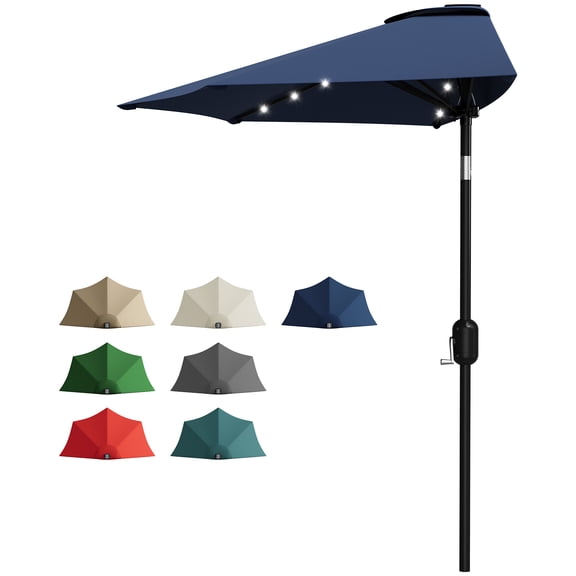 Senfot 9FT Half Patio Umbrella, Outdoor with Solar LED Lights & Smooth Crank Lift Shade Canopy, UV Resistant for Patio Backyard Garden Deck Balcony, Navy Blue