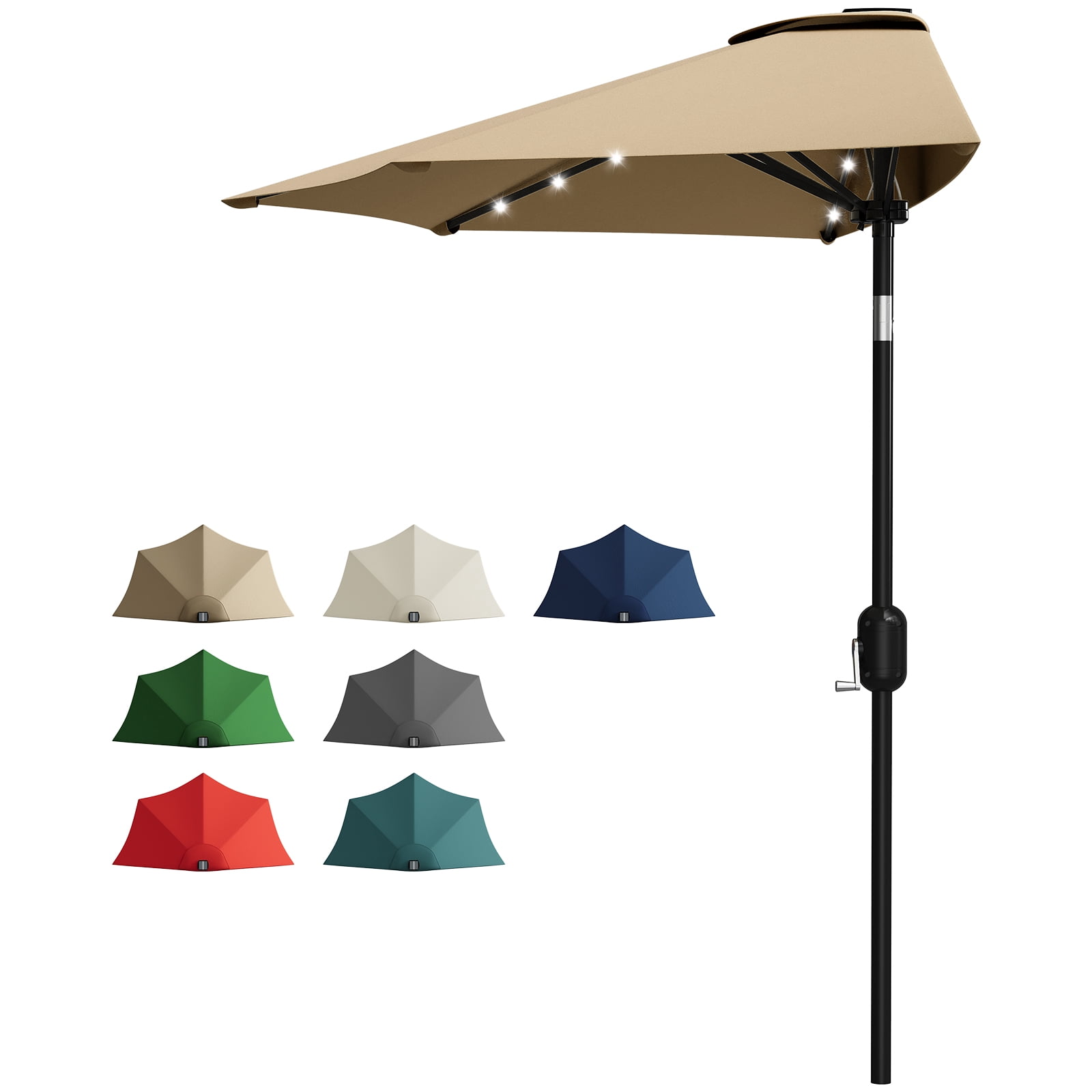 Senfot 9FT Half Patio Umbrella, Outdoor with Solar LED Lights & Smooth Crank Lift Shade Canopy, UV Resistant for Patio Backyard Garden Deck Balcony, Tan