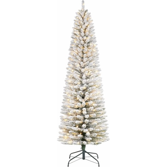 Senfot 9ft Flocked Pencil Christmas Tree,Pre-lit Slim Frosted Artificial Tree, Space Saving Xmas Tree Holiday Decoration for Home, Full Prelighted Warm White LED Lights, Easy Assembly,Foldable Base
