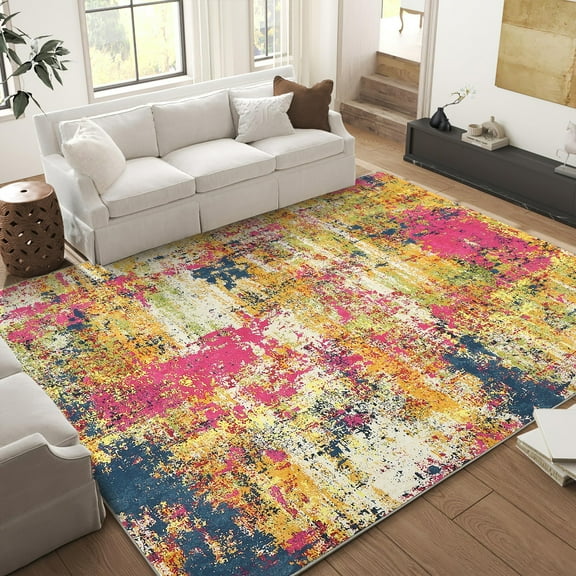 Senfot 9x12 Area Rugs , Modern Abstract Rugs Washable Rugs, Living Room Soft Rugs Non Slip Low Pile Indoor Floor Carpet for Bedroom Dining Room Home Office Multicolor