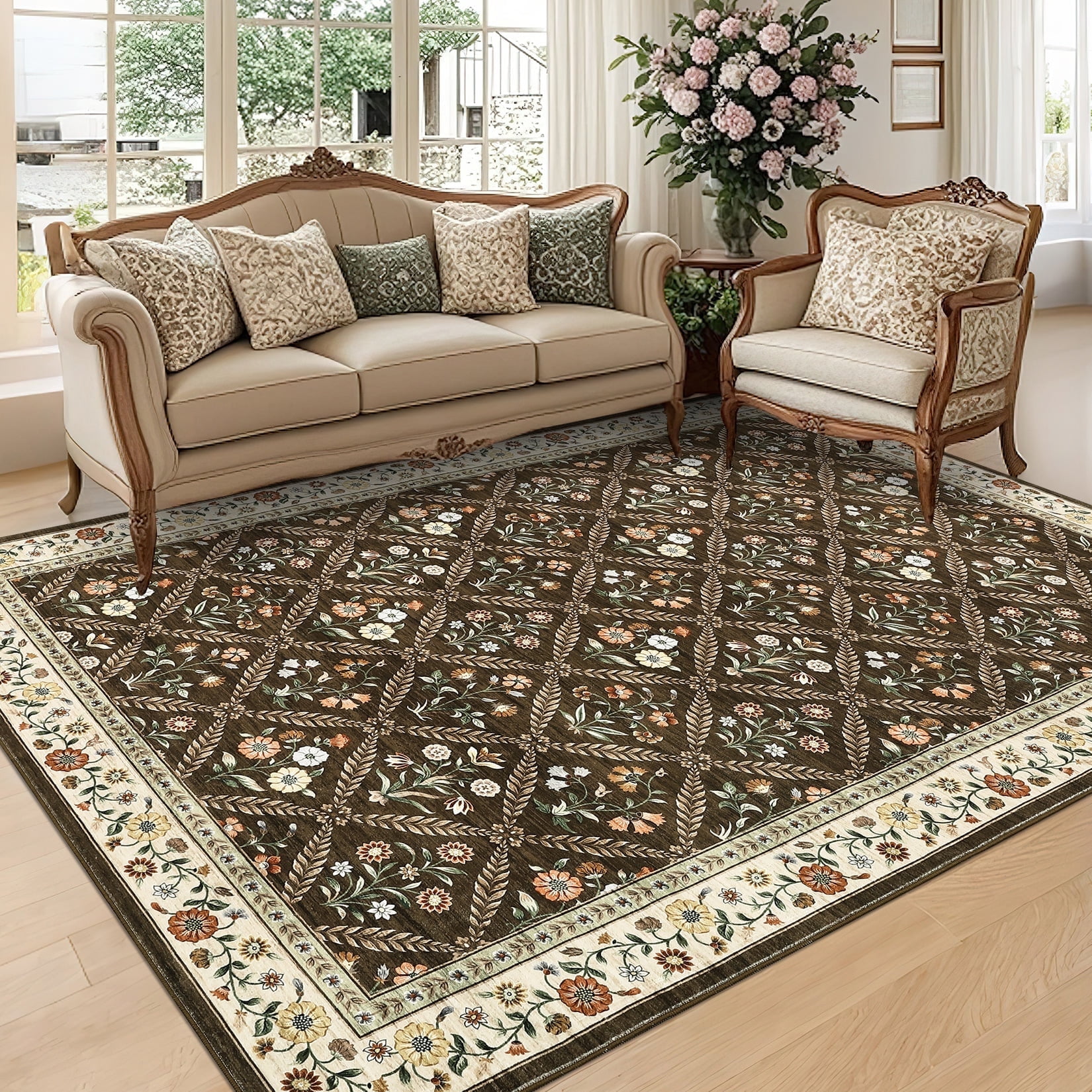 Senfot 9x12 Floral Print Area Rug Machine Washable Non-Slip Stain Resistant Low Pile Bordered Farmhouse Rug for Living Room Bedroom Home Office Brown
