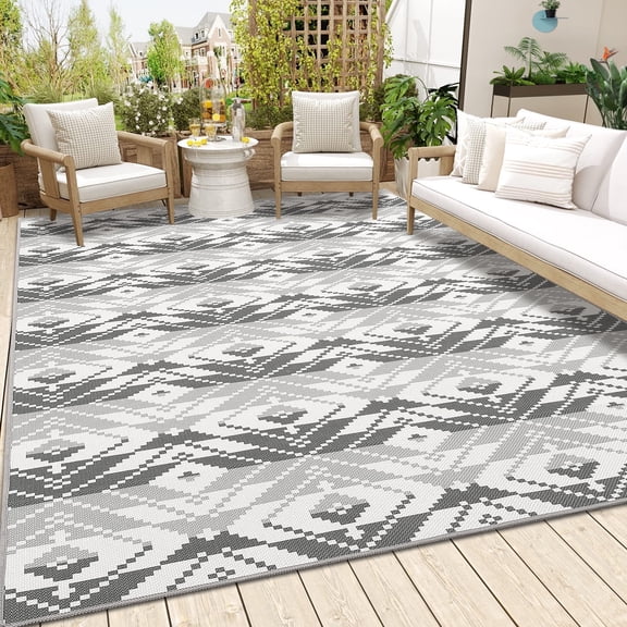 Senfot 9x12 Indoor Outdoor Area Rug Waterproof Modern Print Pattern Non-Slip Floor Carpet Stain Resistant for Patio Backyard Living Room Black White