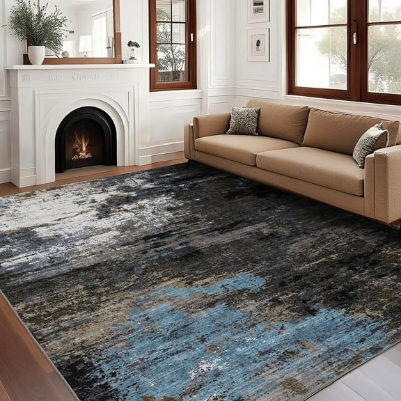 Senfot 9x12 Large Abstract Area Rugs Living Room Washable Non-Slip Low Pile Stain Resistant Carpet for Bedroom Dining Room Office Farmhouse Brown