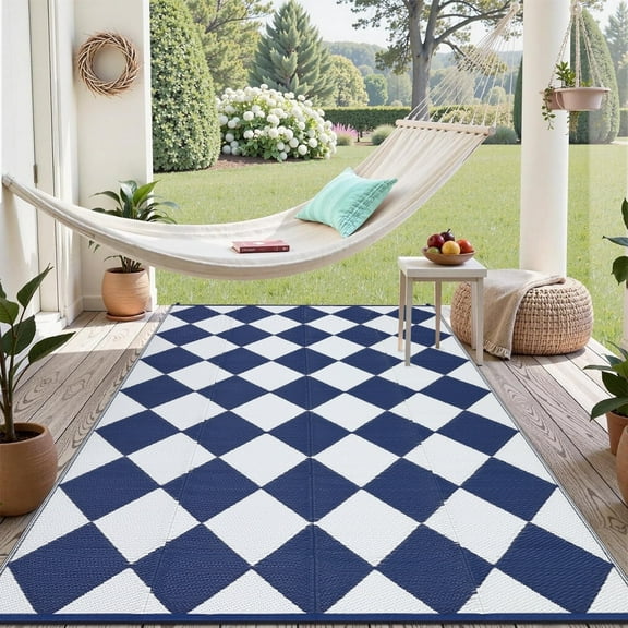 Senfot 9x18 Waterproof Portable Outdoor Rug, Modern Geometric Plastic Carpet for Patio Camping Deck Backyard Porch Decor with Storage Bag Blue and White