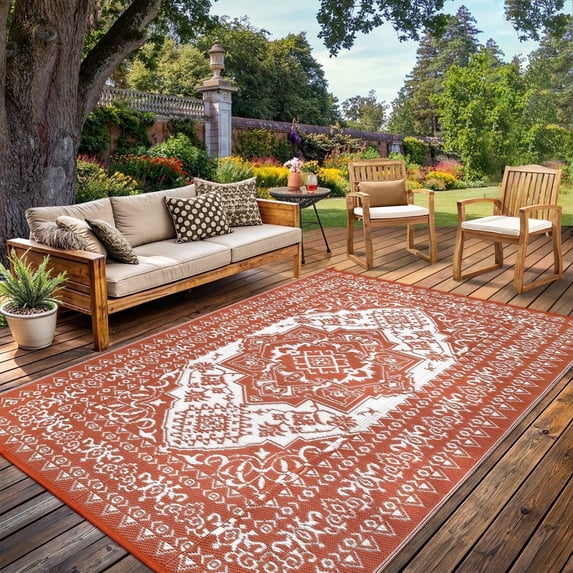 Senfot 9x18 Waterproof Reversible Plastic Straw Indoor Outdoor Area Rug for Patio RV Camping Balcony Deck Backyard Red and White