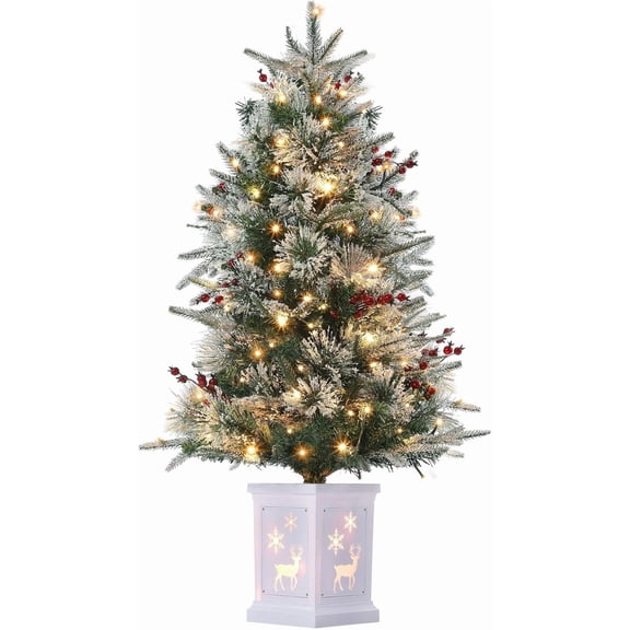 Senfot Artificial Christmas Tree, 4.5 Ft Pre-Lit Snow Flocked Christmas Tree, Potted Holiday Xmas Tree with 108 LED Lights, Artificial Small Christmas Tree for Christmas Home Decoration