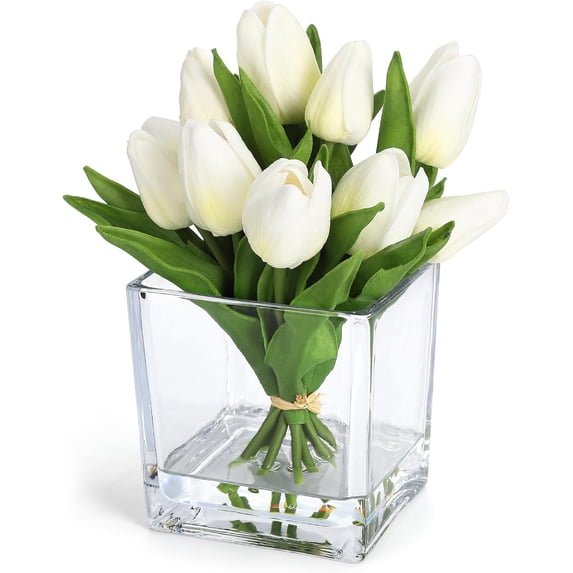 Senfot Artificial Tulip Flowers with Vase, 12 Heads Mini Real Touch Bouquets for Home Table Office Wedding Party Decor Milky White