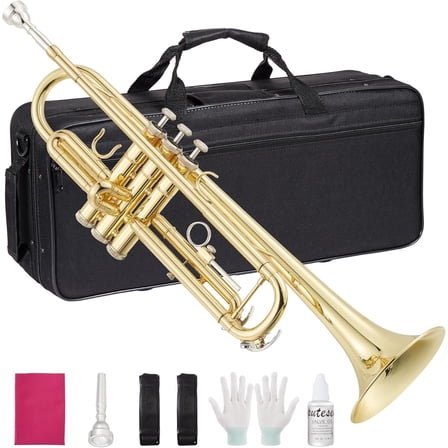 Senfot B-Flat Trumpet, Gold Nickel-Plated Brass with Hard Case, Gloves & Cleaning Kit, 3-Valve Trumpet for Beginners, School Bands & Practice