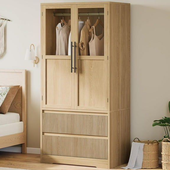 Senfot Bedroom Wooden Armoire Wardrobe Closet, Freestanding Large Wardrobe Armoire Cabinet with Glass Doors and 2 Drawers, Shelves & Hanging Rod for Bedroom, Clothes, Natural