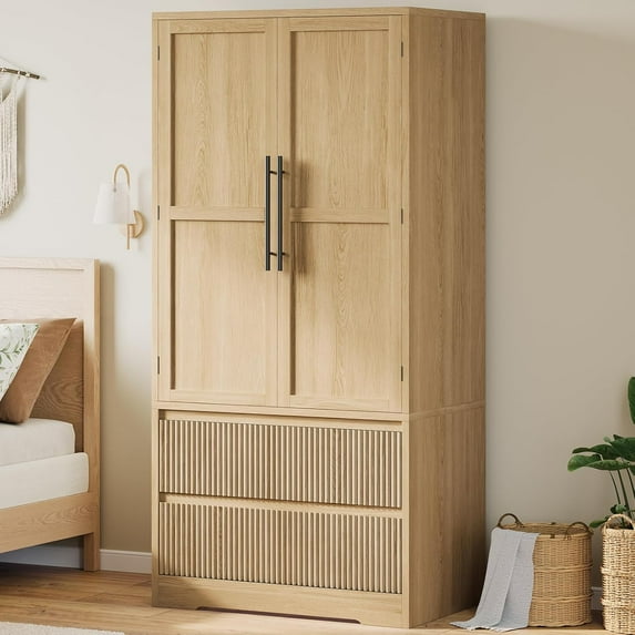 Senfot Bedroom Wooden Armoire Wardrobe Closet, Wardrobe Armoire Cabinet with Wood Doors and 2 Drawers, Freestanding Cabinet with Shelves & Hanging Rod for Bedroom, Clothes, Natural