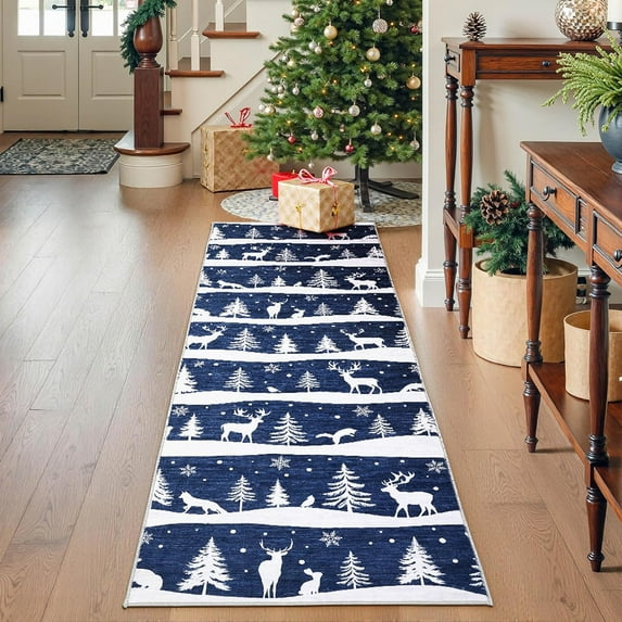 Senfot Blue 2x6 Area Rugs for Living Room, Indoor Non Slip Carpet, Washable Rug for Home Decor, Soft Low Pile Christmas Rug with Xmas Tree Reindeer Snowflake for Bedroom, Dining Room