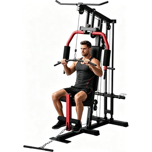 Senfot Carbon Steel Single Person Comprehensive Training Machine Compact Base Multifunctional Full Body Home Gym Workout Station Black Red