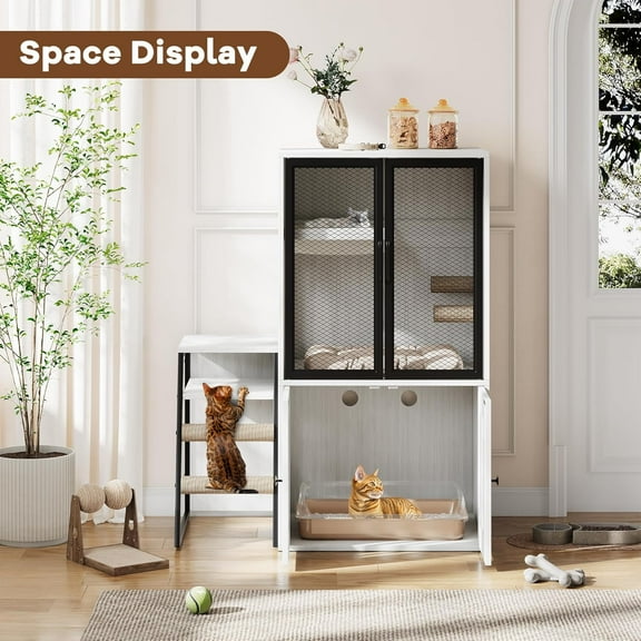 Senfot Cat Litter Box Enclosure with Doors, Double Cat House with Storage, White