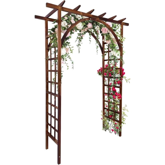 Senfot Charred Wood Flat Arch Combined Garden Arbor Trellis Heavy Duty Frame for Patio Grape Rose and Climbing Vine Growth