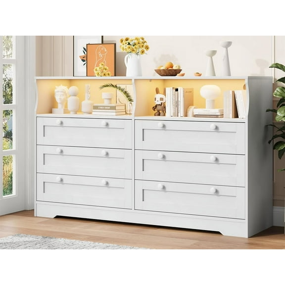 Senfot Chests of Drawers, 55" Wide Dresser with 2 Open Storage, Closet Organizer TV Stand,Wooden 6 Drawer Dresser for Bedroom with Led Light and Charging Station,for Bedroom, Living Room, White