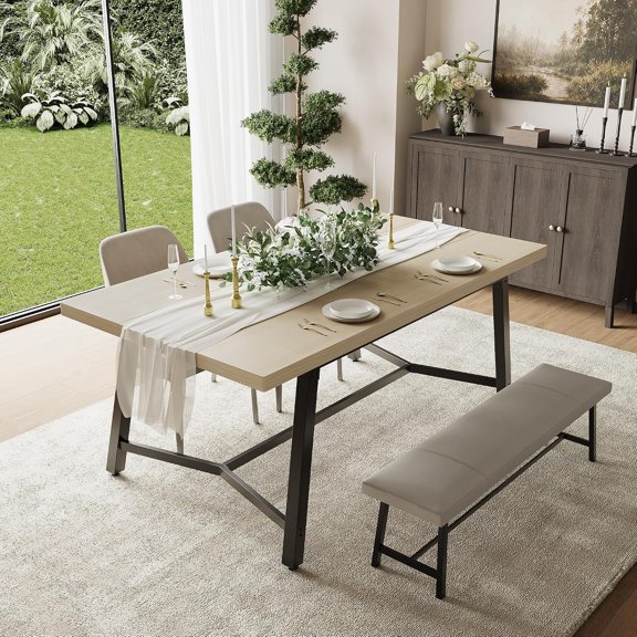 Senfot Chinese Simple Long Dining Table- MDF Tabletop with Iron Metal Legs- Home Dining Room Furniture- Natural Wood Tone