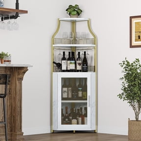 Senfot Corner Bar Wine Cabinet with Mesh Door and Marble Whiteboard, Industrial Liquor Cabinet with Glass Holder Wine Rack for Home Kitchen Dining Room