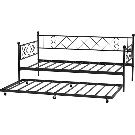 Senfot Daybed with Trundle, Metal Twin Daybed Frame with Headboard, Multifunctional Mattress Foundation Platform Sofa Bed,Metal Slats, for Bedroom, Living Room, Guest Room, Black