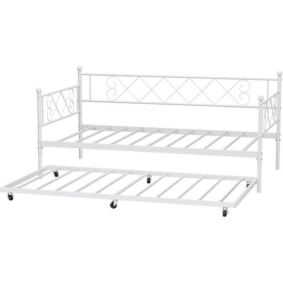 Senfot Daybed with Trundle, Metal Twin Daybed Frame with Headboard, Multifunctional Mattress Foundation Platform Sofa Bed,Metal Slats, for Bedroom, Living Room, Guest Room, White
