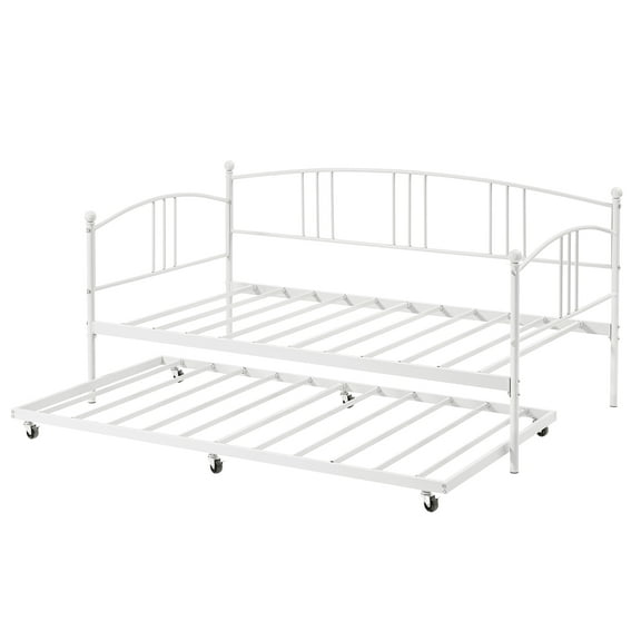 Senfot Daybed with Trundle, Trundle Bed Twin with Arched Headboard, Sturdy Metal Day Bed with Steel Slat Support, SofaBed for Bedroom,Living Room, and Guest Room, White