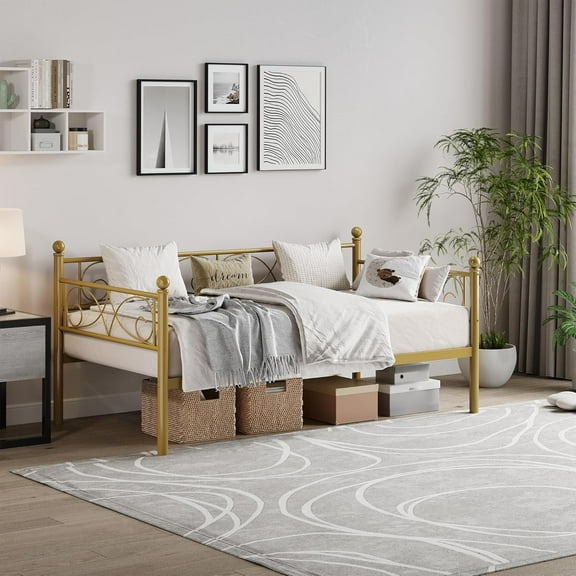 Senfot Daybed Twin Size Metal Daybed with Floral Headboard Modern Metal Sofa Bed Frame Heavy Duty Steel Slats Supports for Living Room Guest Room Gold