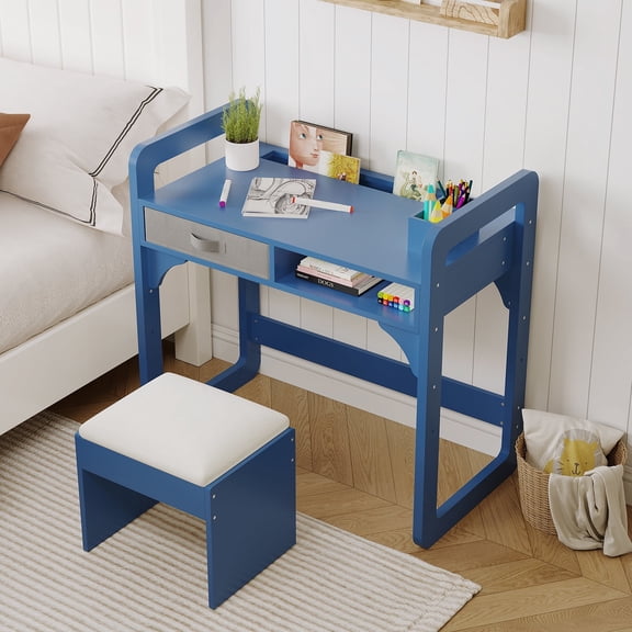 Senfot Desk and Chair Set, Wooden Writing Table with Cloth Drawers and Pen Holder, Ideal Study Space for Boys and Girls in Blue