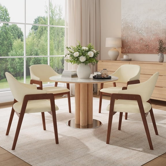 Senfot Dining Chairs Set Of 4 – Yellow Upholstered Armchairs With Curved Back, Modern Wood Legs For Kitchen, Breakfast Nook