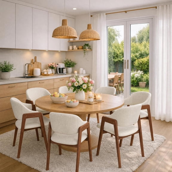 Senfot Dining Chairs Set Of 6 – Beige Upholstered Armchairs With Curved Back, Modern Wood Legs For Kitchen, Breakfast Nook