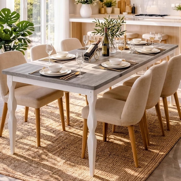 Senfot Dining Table for 6, 79 Inch Rectangular Kitchen Table, Rustic Farmhouse Dining Room Table with Large Tabletop and Heavy-Duty Legs, Ideal for Dining Room or Kitchen, Gray+White