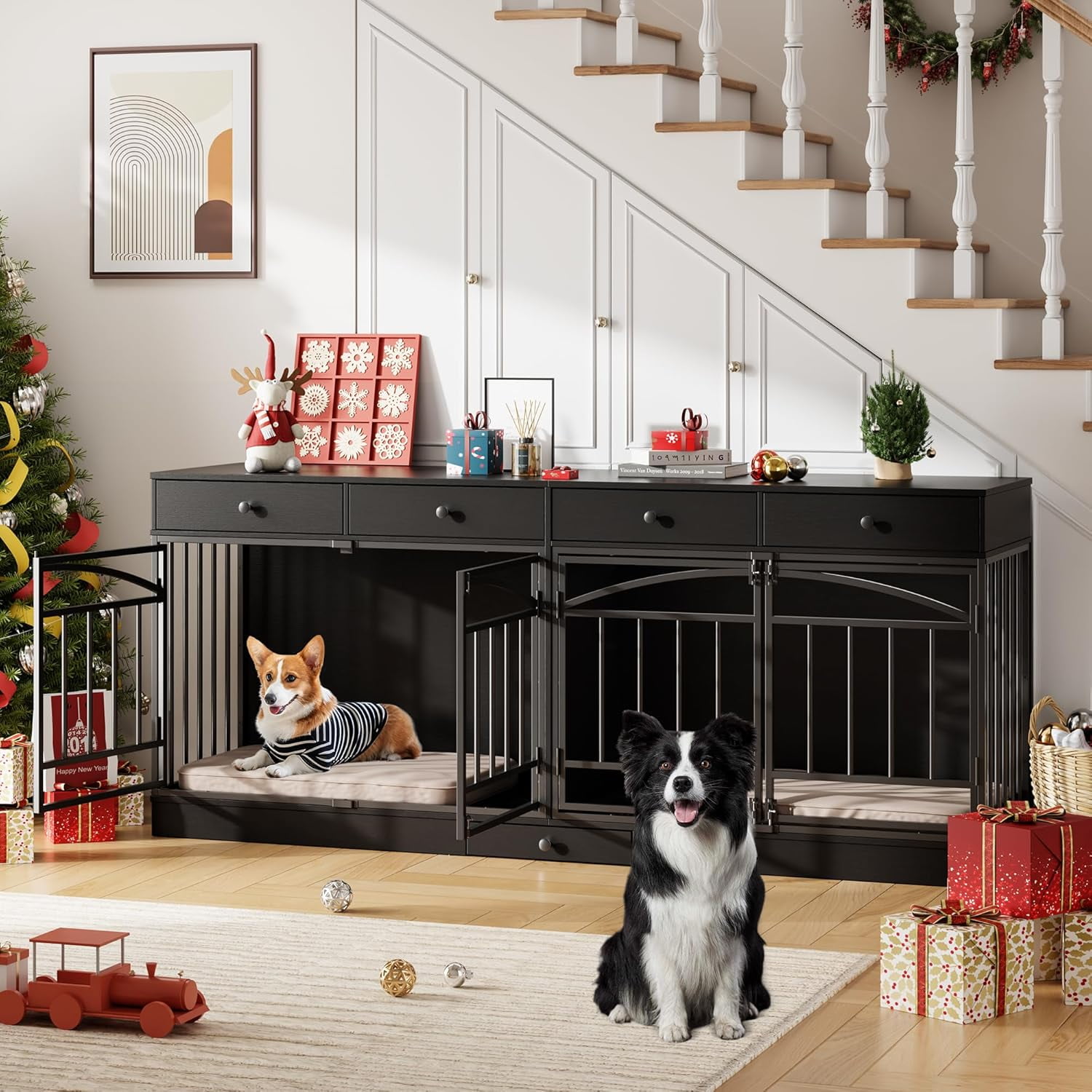 Senfot Dog Crate Furniture for 2 Dogs, Double Dog Kennel Indoor with 4 Storage Drawers, Feeding Bowls, TV Stand for Small Medium Dogs, Black Finish