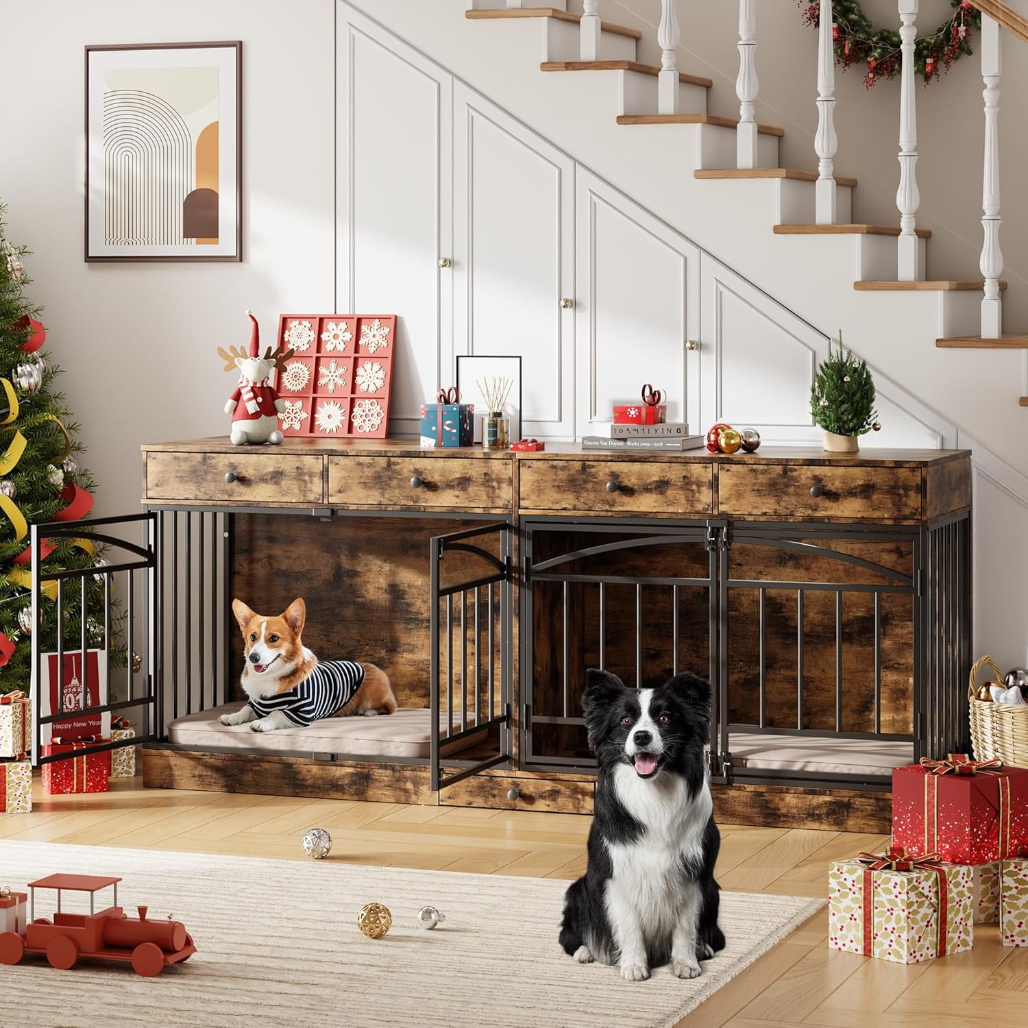 Senfot Dog Crate Furniture for 2 Dogs, Double Dog Kennel Indoor with 4 Storage Drawers, Feeding Bowls, TV Stand for Small Medium Dogs, Brown Finish