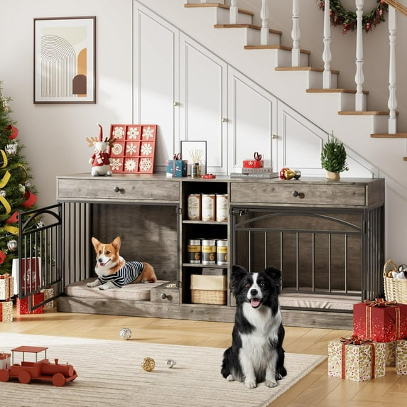 Senfot Dog Crate Furniture for 2 Dogs, Double Dog Kennel with Storage & Feeding Bowls, TV Stand for Small Medium Dogs, Gray Finish