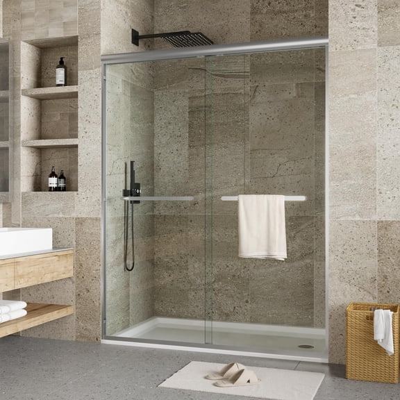 Senfot Double Sliding Glass Shower Door 72x48 Inch 6mm Tempered Glass with Easy-Clean Coating Smooth Rollers Frameless Shower Door for Bathroom Silver