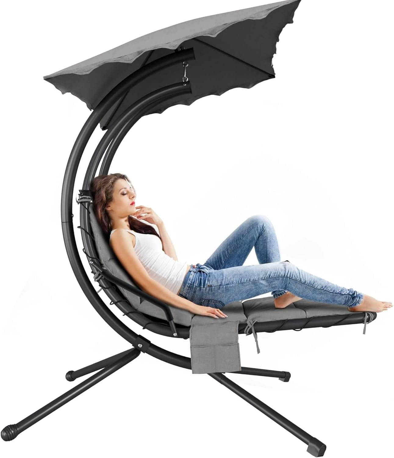 Senfot Dream Hammock, Iron + Cloth Cushion + Sunshade Canopy, Comfortable Outdoor Hammock for Backyard Gray