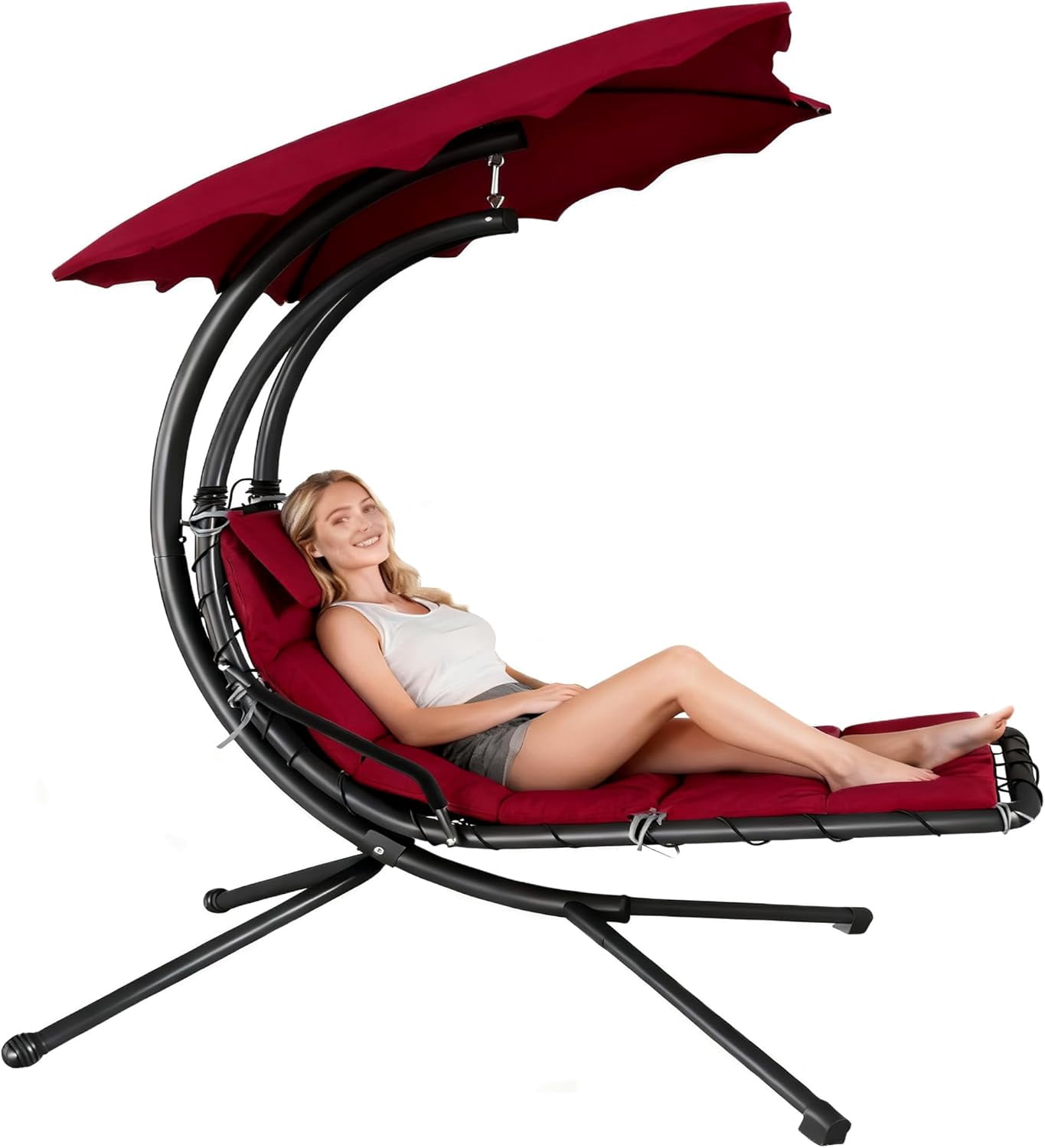 Senfot Dream Hammock, Iron + Cloth Cushion + Sunshade Canopy, Comfortable Outdoor Hammock for Backyard Red