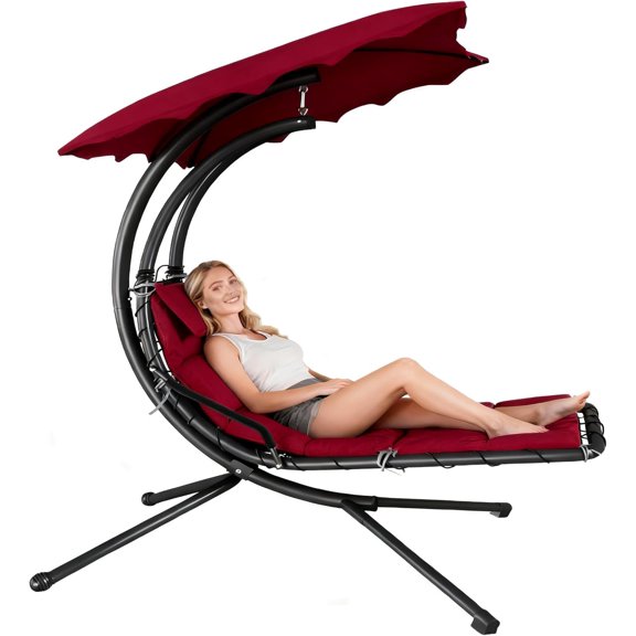 Senfot Dream Hammock, Iron + Cloth Cushion + Sunshade Canopy, Comfortable Outdoor Hammock for Backyard Red