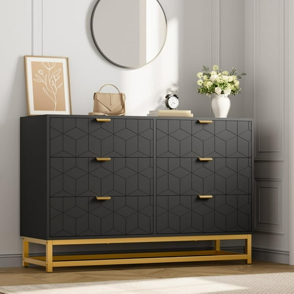Senfot Dresser for Bedroom,Long Storage Organizer for TV Stand & Closet,Modern 6 Drawer Double Dresser with Gold Handles,Large Chest of Drawers for Living Room,Hallway,Entryway,Black