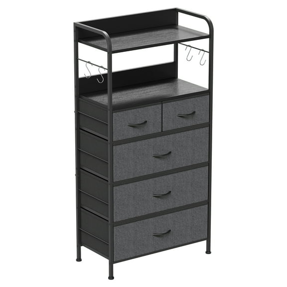 Senfot Dresser for Bedroom with Shelves, Chest of Drawers for Bedroom, Vertical Dresser with 5 Fabric Drawers and 2-Tier Open Shelves, Chest of Drawers with Hanging Racks for Living Room, Dark Gray