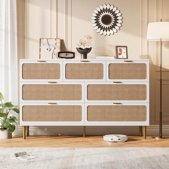 Senfot Elegant Rattan Dresser with 7 Drawers, Tall Modern Design for Deep Storage, Long Wooden Chest of Drawers for Bedroom, Living Room,White