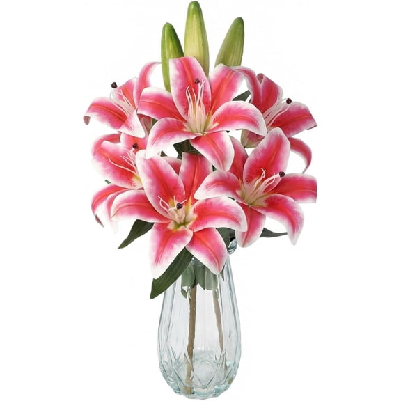 Senfot Faux Lily Flowers with Vase, 6 Heads Full Bloom & 3 Buds for Home Table Office Wedding Party Decor Rose Red