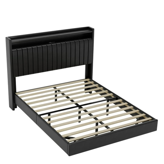 Senfot Floating Bed Frame Full Size with RGB LED Lights & Charging Station, 50” Headboard Leather Bed Frame ,Upholstered Platform Bed Frame with Storage Headboard, No Box Spring Needed, Black