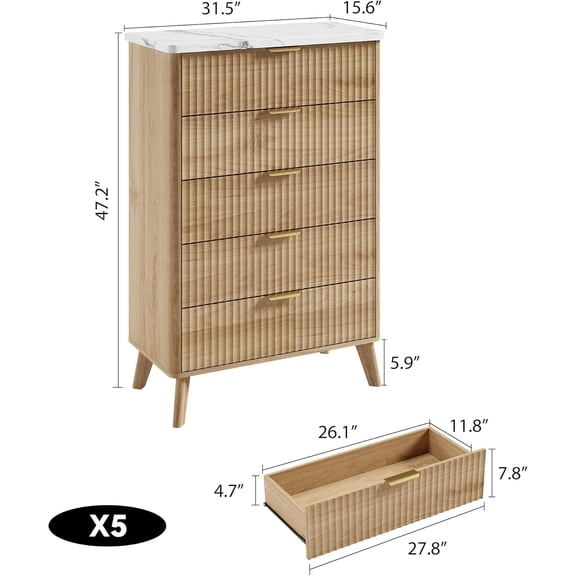 Senfot Fluted 5 Drawer Dresser, 47.2" Tall with Curved Profile, Modern Chest of Drawers with Gold Handles, Thickened Design for Bedroom and Living Room, Natural Finish