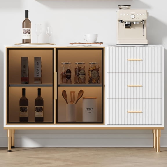 Senfot Fluted Sideboard Buffet Cabinet with Glass Doors & Drawers, Marble Top Kitchen Storage, Modern Dining Room Console for Living Room - White