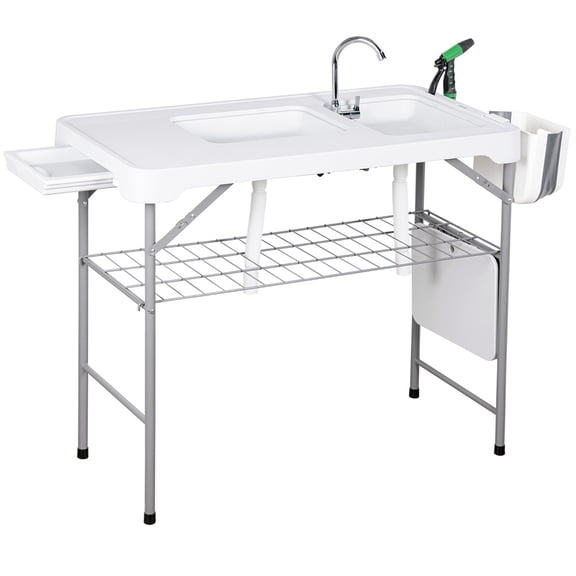 Senfot Folding Fish Cleaning Table with 2 Sinks, Portable Camping Station with Faucet & Storage White