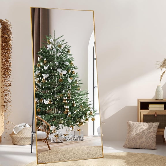 Senfot Full Length Body Mirror, Frameless Copper Free Wall Mounted Floor Mirror, Modern Large Bedroom Dressing Mirror 71x31 Inch Gold