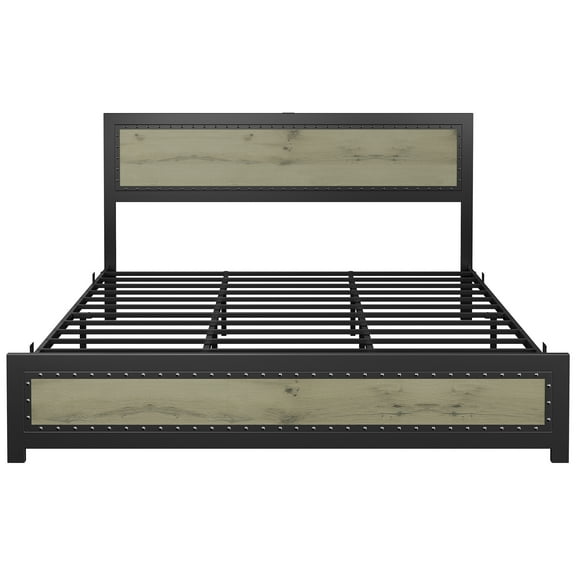 Senfot Full Size Bed Frame with Charging Station, Industrial Design Platform Bed Frame with Headboard and Metal Slated Frame, Easy Assembly, No Spring Box Need,Washed Grey