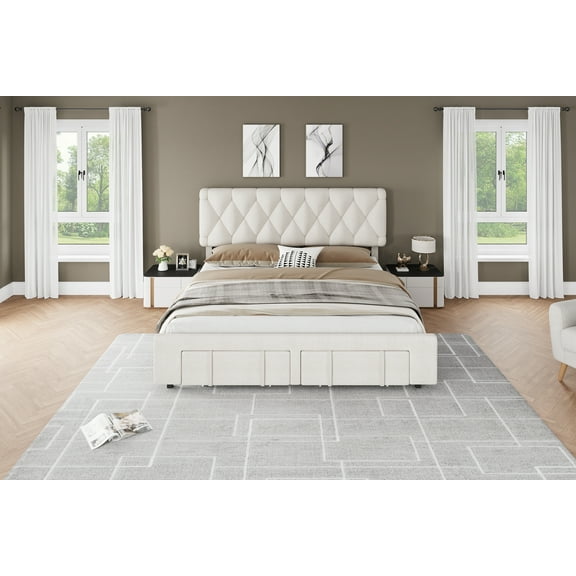 Senfot Full Size Bed Frame with Diamond Tufted Headboard, Upholstered Platform Bed Frame with Storage Drawer, Sturdy Wooden Slats Support, No Box Spring Needed,Noise-Free, Beige