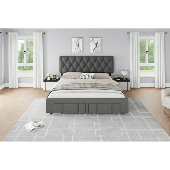 Senfot Full Size Bed Frame with Diamond Tufted Headboard, Upholstered Platform Bed Frame with Storage Drawer, Sturdy Wooden Slats Support, No Box Spring Needed,Noise-Free, Gray