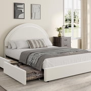 Senfot Full Size Bed Frame with Storage Drawers, Upholstered Boucle Platform Bed, Round Headboard, Heavy Duty, Noise-Free, No Box Spring Needed, White
